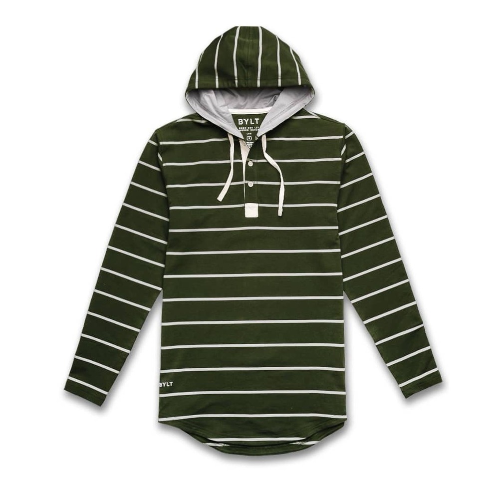 BYLT Drop Cut Hooded Henley Lux Long Sleeve Striped Green White Shirt Mens Large